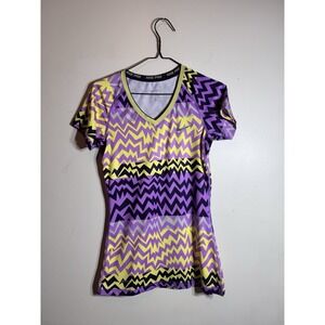 Women's Nike pro purple yellow black striped V-neck T-shirt Size S